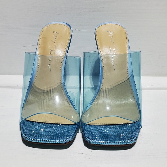 New Betsey Johnson Banks Champagne Blue Rhinestone Clear Toe Slide Heels Wmn 6.5 - Picture 4 of 6